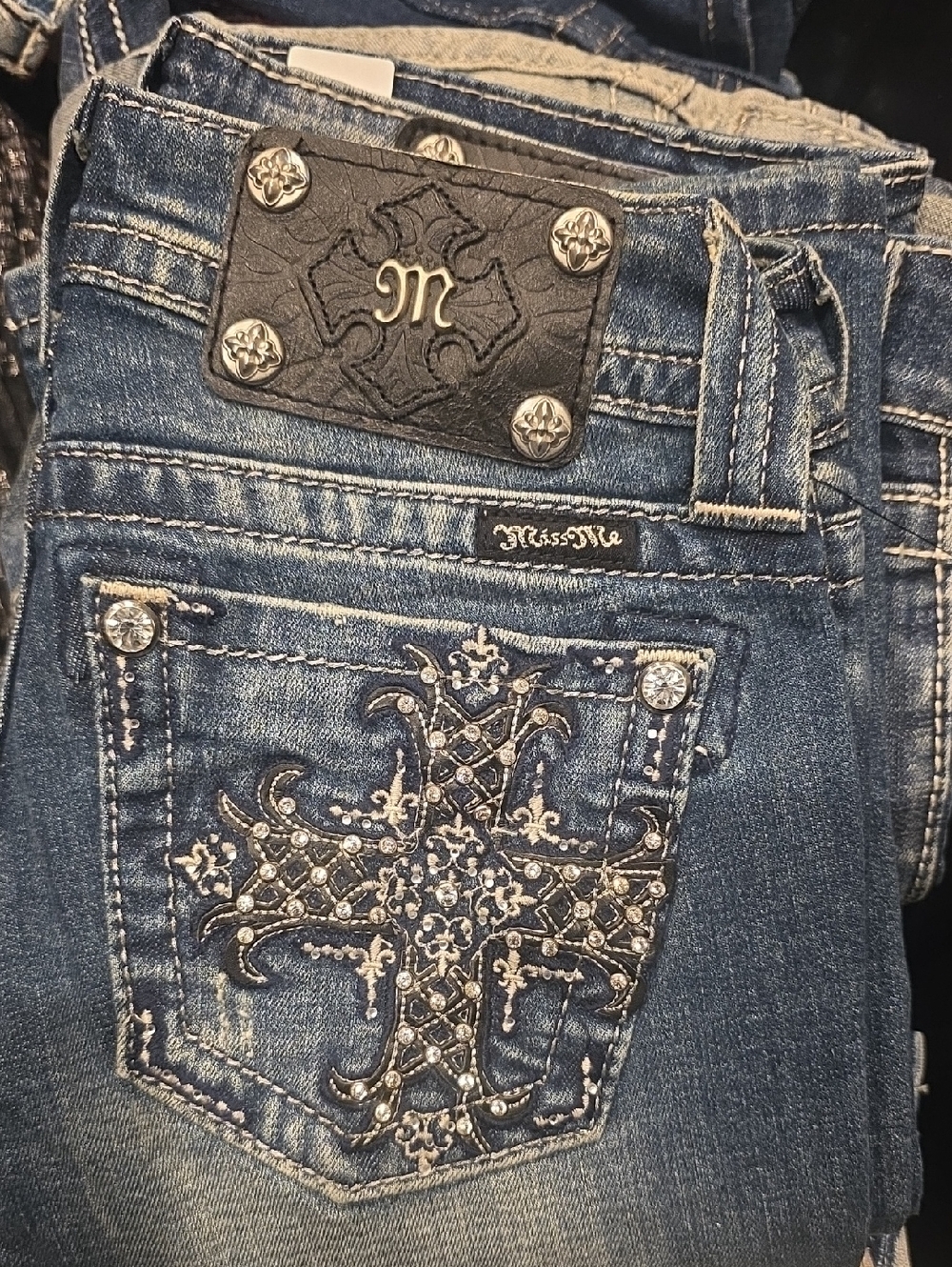 Miss Me Blue Embellished Cross Pocket Bootcut Jeans